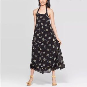 Who What Wear black floral halter summer dress XS